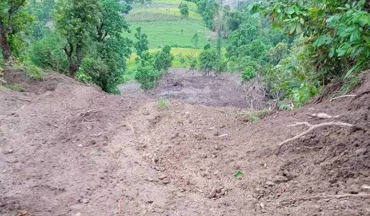 खोटाङको साउनेचउरमा रोपाइँ गर्न तयार पारिएको खेत पहिरोले पुर्यो, एक घरमा क्षति